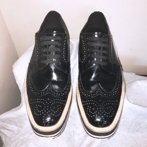 Prada Black Platform Leather Wingtip Brogues Dress